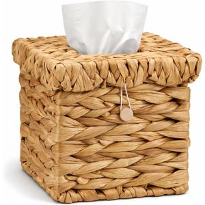 Wicker Tissue Box Cover with Scalloped Lid 6 x 6 x 6 Inch Square Rattan Tissue Box Holder with Turn Over Top for Facial Napkins Boho Decorative Boxes on Table and Bathroom