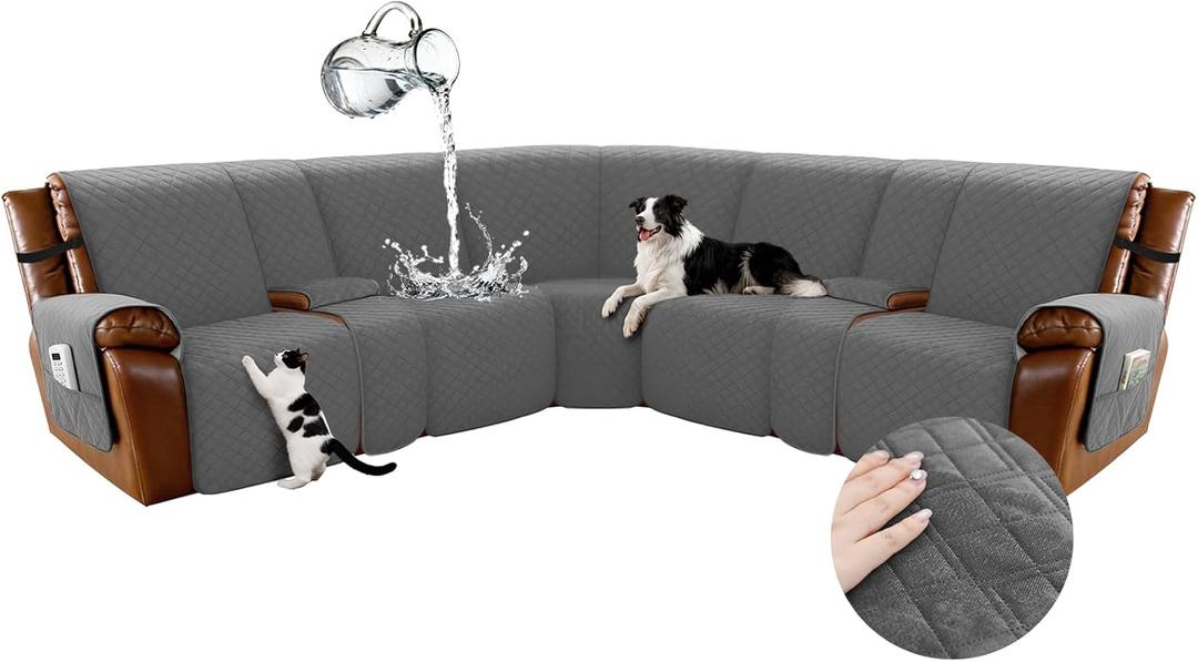 Arfntevss Waterproof Recliner Sectional Couch Covers for Reclining L Shape Sofa Cover Non Slip Washable L Shaped Slipcover Sets for Dog Furniture Protector (5 Seat with 2 Console Cover, Dark Gray)