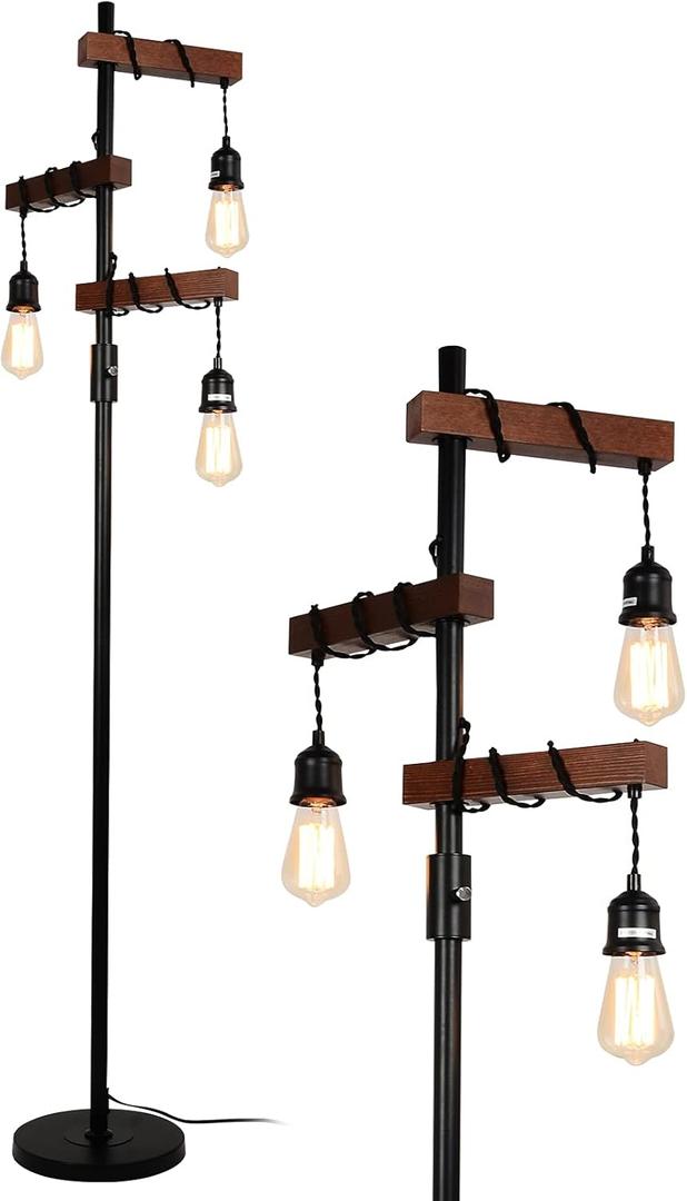 Airposta Industrial Floor Lamp, Farmhouse Tree 68 Inch 3 Lights Wood Standing Lamp, Sturdy Base Tall Vintage Metal Black Pole Light for Living Room Bedroom Office Rustic Home