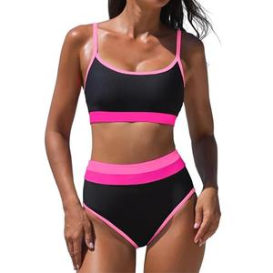 popvil Neon Two Piece Swimsuit for Women 2026 High Waisted Bikini Sets Sporty Ribbed Full Coverage Cheeky Color Block Bathing Suit Ladies Summer (Black, Small)