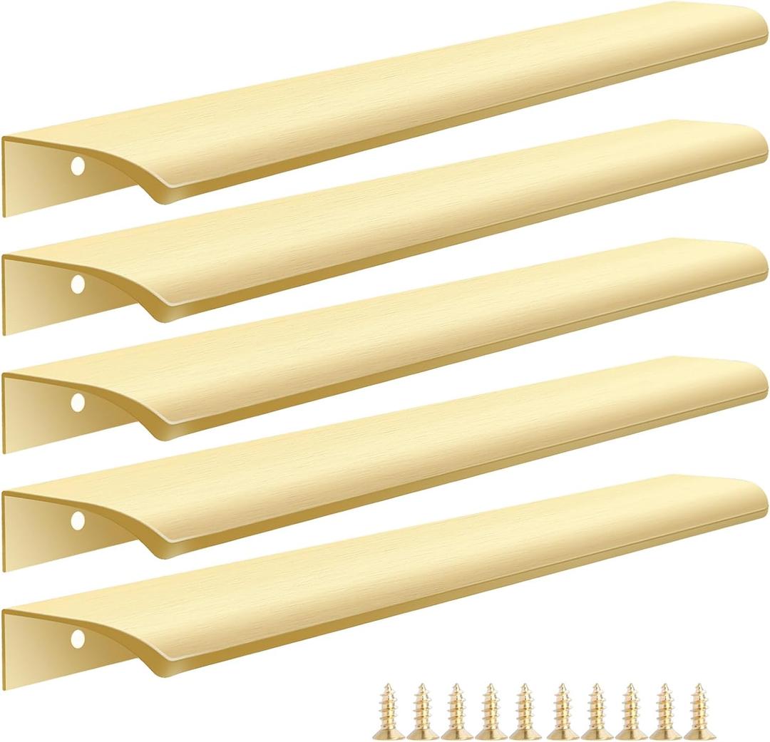 5 Pack Gold Edge Finger Pulls for Wardrobes Cabinets 11.81" Kitchen Cabinet Pulls Handles Drawer Pulls Modern Aluminum Concealed Tab Pulls for Closet Door, Brushed Brass