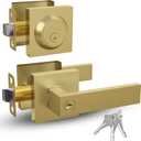 Mega Handles ROBELL Entrance Combo, Entry Lever Door Handle & Single Cylinder Deadbolt Lock & Key Combo Pack, Heavy Duty Square Locking Door Levers Set for Left or Right-Handed Doors - Satin Brass