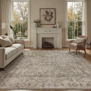 DCX Washable 9x12, Kid & Pet Friendly with Rubber Back Non Slip, Stain Resistant Vintage Rug for Living Room, Bedroom, Home Office, Soft Low Pile Large Farmhouse Distressed Carpet, Greige (Greige& Dark Green)
