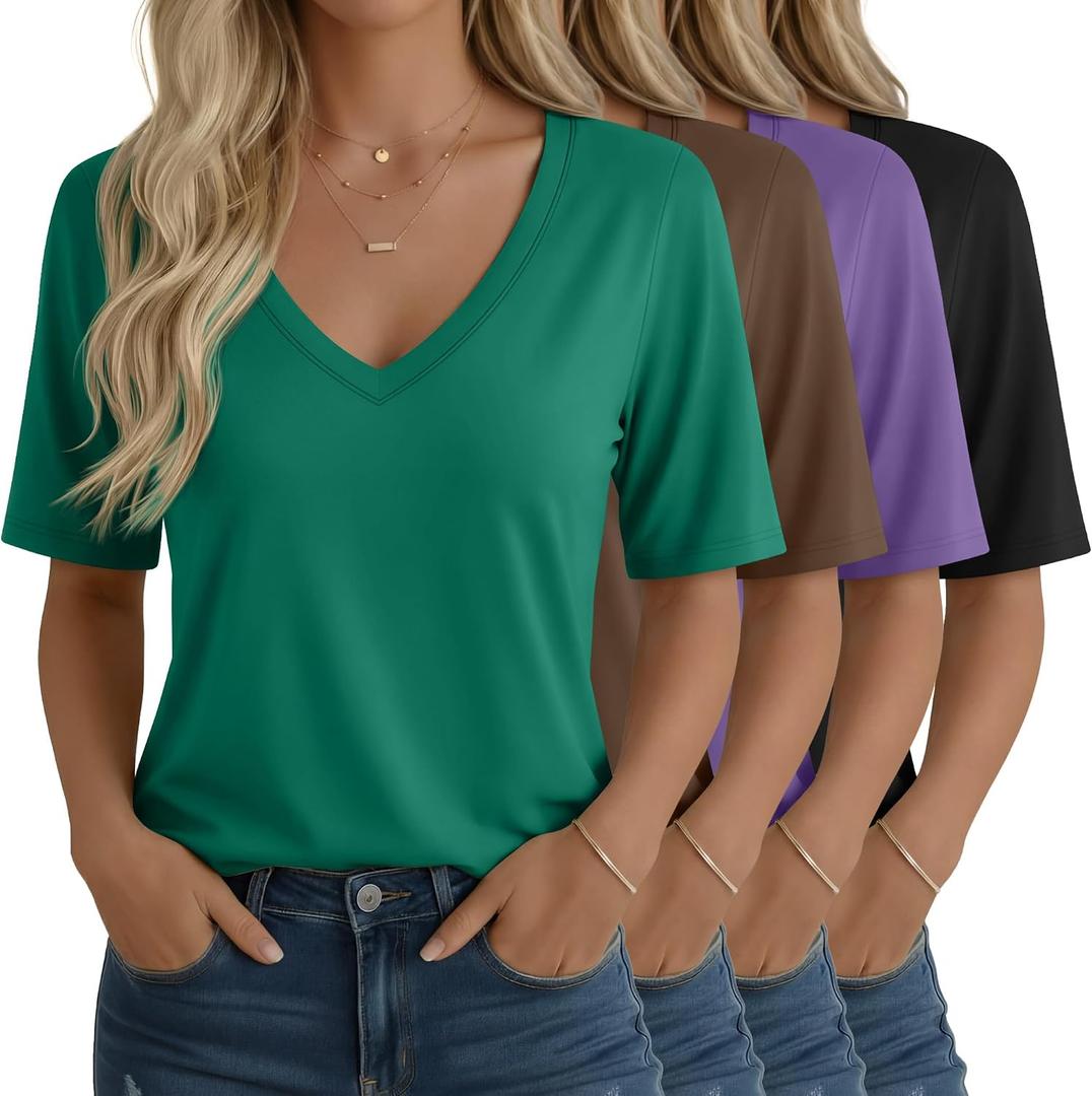Oakgarden 4 Pack Women's Half Sleeve Shirts V Neck Tops Elbow Length Loose Fit Straight Hem T Shirts Casual Summer Tees, Size XL