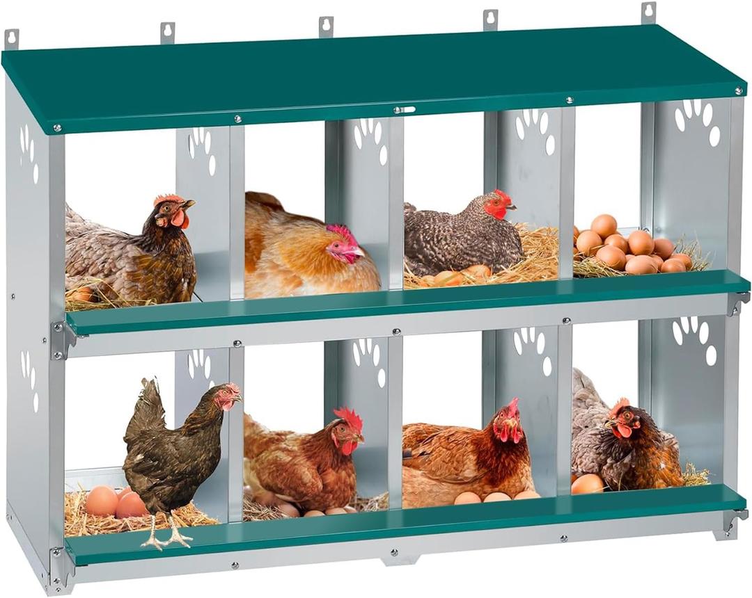 Chicken Nesting Box, 8 Compartment Metal Nesting Box, Wall Mountable Nesting Boxes for Chicken, 42.5" L x 13.0" W x 25.0" H, Green