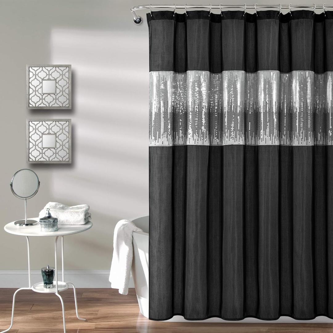 Lush Decor Night Sky Shower Curtain, Single, 72" W x 72" L, Black - Sequin Shower Curtain - Sparkly Color Block Bath Curtain - Modern Glam Bathroom Decor
