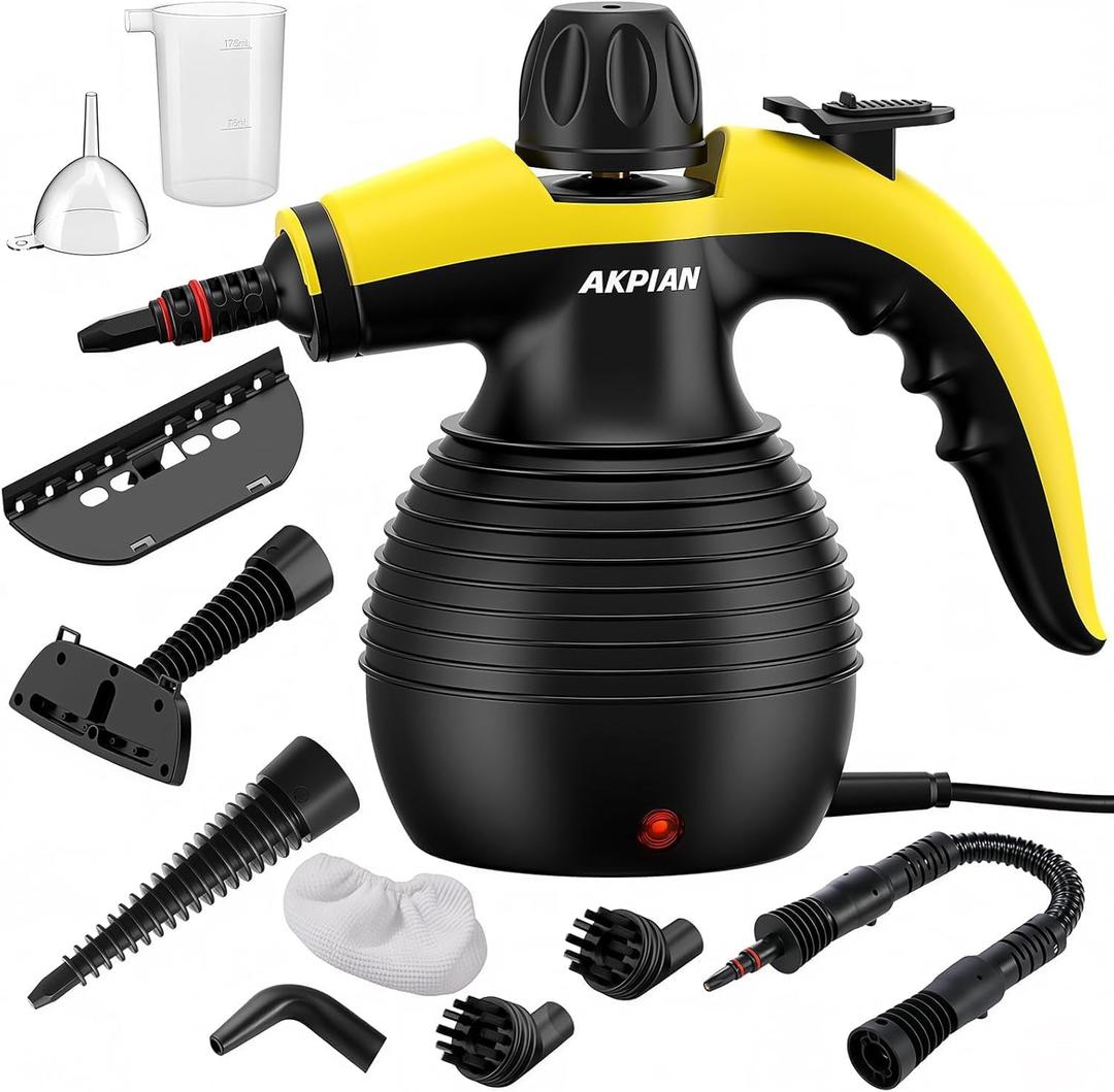 Handheld Steam Cleaner, 1050W Rapid-Heating Stainless Steel Boiler, Safety Locking Mechanism, Includes 10 Cleaning Tools, Deep Cleans Kitchens, Bathrooms, Cars, Windows, and More, Black