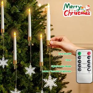 Christmas Tree Candles with Remote, 5 Pcs LED Flameless Taper Candles with Clear Snowflake for Christmas Tree Decor, Battery Operated Tree Candlesticks Flickering Flame for Xmas Indoor Decor
