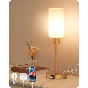 EDISHINE 19" Glass Table Lamp with Touch Control, Modern Bedside Lamp, 3-Stage Dimmable & USB-A+Type-C Charging Ports, Nightstand Lamp for Living Room, Bedroom (Gold)