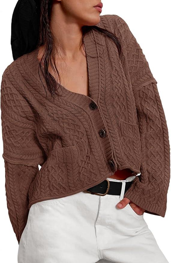 Yousify Womens Cable Knit Cardigans Fall Oversized Long Sleeve Button Open Front Casual Sweater Coats, XXL