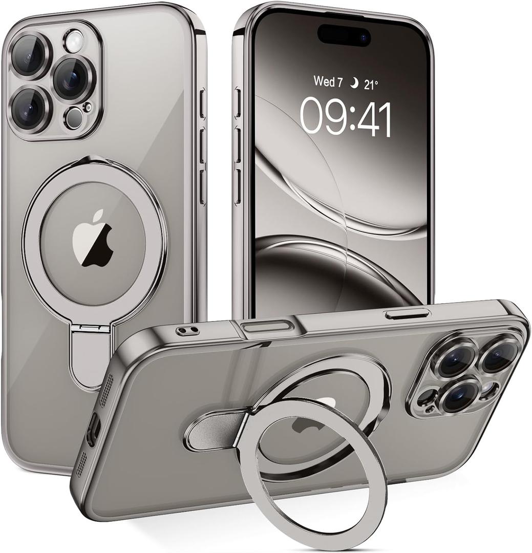 GUAGUA for iPhone 16 Pro Max Case with Stand, Magnetic Clear Cases Plating Edge Invisible Ring Holder Shockproof Protective Kickstand Phone Case for iPhone 16 Pro Max 6.9 inch, Natural Titanium