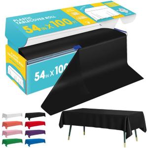 Black Plastic Table Cover Roll - 54IN x 100FT, Table Cloth for Rectangle Table with Slide Cutter, Plastic Table Cloth Disposable with Cut-to-Size Design for Weddings, Banquets, Parties, 1200" x 54"