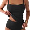 Eomenie Women's Swimsuit Tankini Tummy Control Bathing Suits Two Piece Full Coverage Slim Swim Suits with High Waisted Bottom (X-Large, Black-ribbed)