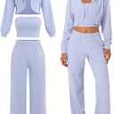 ABOCIW Womens 3 Piece Outfits Brushed Jersey Long Sleeve Hooded Cropped Shrug Bandeau Top Wide Leg Sweatpants Tracksuit