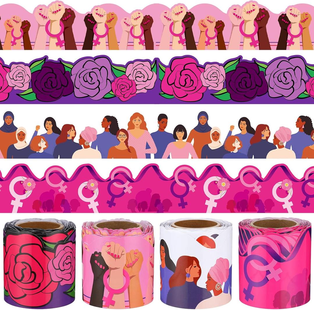 Mooliwe 4 Rolls 131 ft Women's History Month Bulletin Board Borders Freedom Equality Feminism Bulletin Board Borders for International Womens Day School Classroom Party Decoration