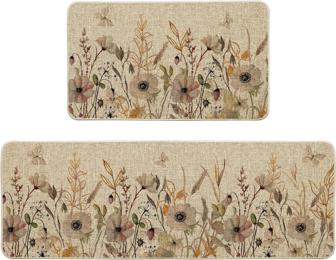 Artoid Mode Wildflower Leaves Floral Welcome Fall Kitchen Mats Set of 2, Autumn Home Decor Low-Profile Kitchen Rugs for Floor - 17x29 and 17x47 Inch