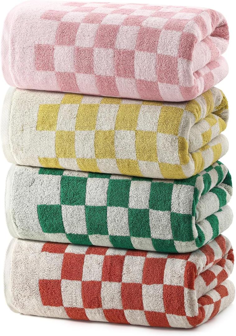 REDKISS Checkered Bath Towels Set - 4 Piece Large Shower Towels for Bathroom Decoration, Highly Absorbent Cotton Bath Towel of 4, Cute Checkered Shower Retro Towel for Bathroom, Multicolored (Green & Red & Pink & Yellow)