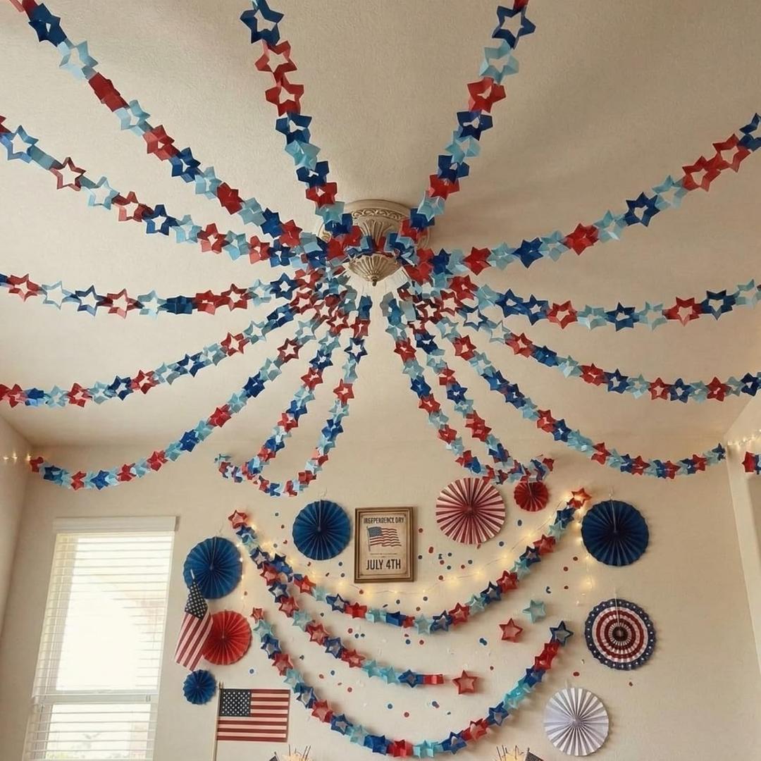Faccito 300 Pcs 4th of July Star Paper Chain Strips for 250th Anniversary Decoration Patriotic Garland Bunting Banners DIY Crafts Supplies, Red Blue Hanging Decoration for Independence Day