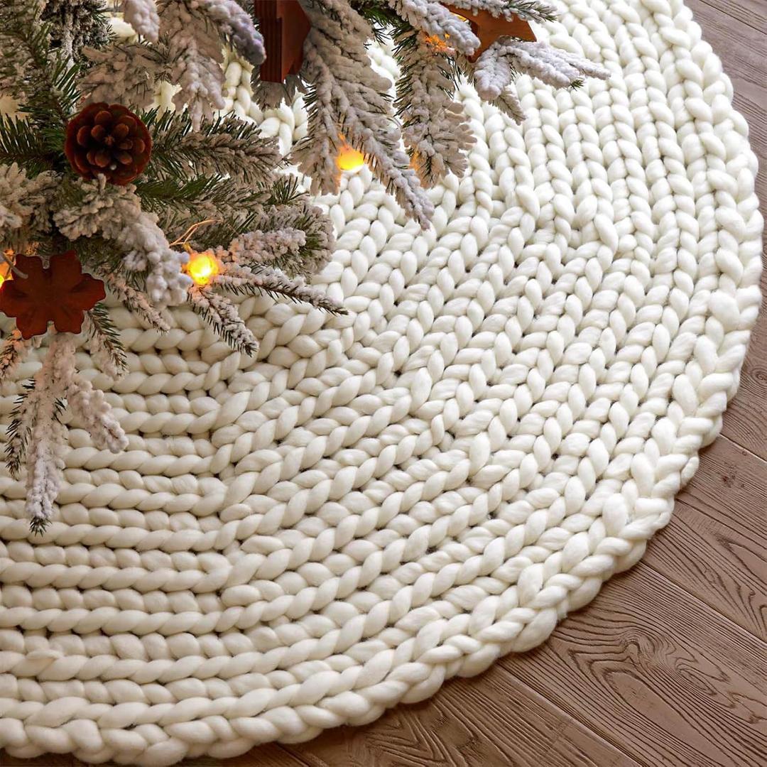 48 inch Christmas Tree Skirt: Chunky Knit Tree Skirt for 7.5ft Tree, Crochet Cream White Tree Skirt, Vintage Tree Skirts, Rustic Farmhouse Christmas Decorations (Medium)