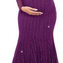 CYCLAMEN Sparkly Maternity Dress for Baby Shower Off The Shoulder Long Sleeve Mermaid Pregnancy Gown with Flowy Tail Hem (X-Large, Rose Purple)