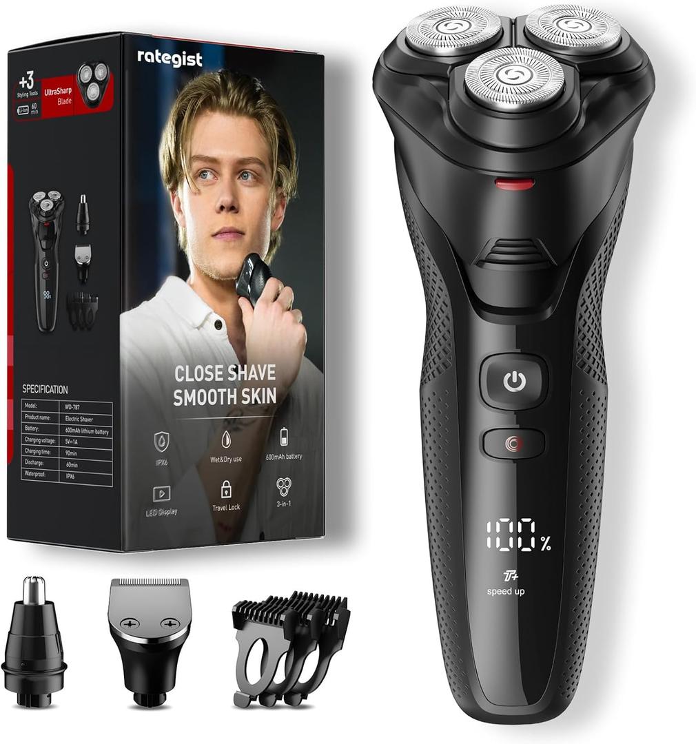 Cordless Electric Razor for Men: 3-in-1 Shaver for Beard/Nose/Sideburns - IPX7 Waterproof Travel Kit - Turbo Speed & Precision Blades (gloss Black)