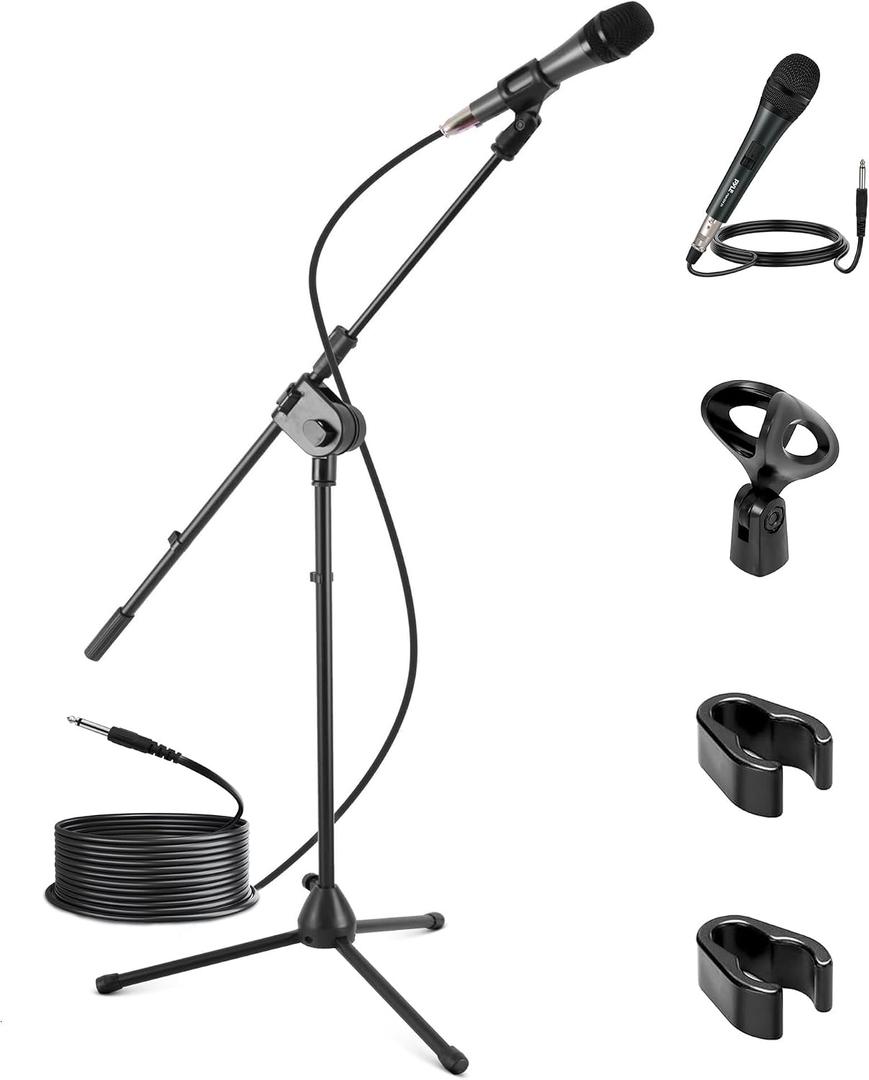 Pyle Dynamic Microphone and Tripod Stand-Height Adjustable from 2.6' to 5.1 Telescoping Boom Arm Mic Length 7.48'' Inch w/Acoustic Pop Filter-Includes 15' ft XLR Cable PMKSM20, Black