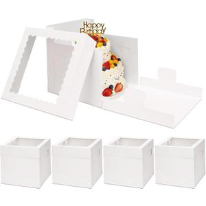 Moretoes 5 Pack Cake Boxes 8 Inch, Bakery Containers with Large Window, 8 Inch White Cake Carrier, Disposable Boxes for Halloween Birthday, Party, Cupcake Cookie Pie Pastry (8x8x8 Inches)