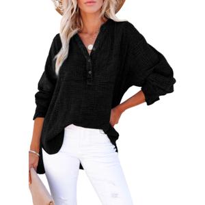 Dokotoo Womens Casual Button V Neck Long Sleeve Shirts Oversized Solid Blouses Tops (X-Large, Black)