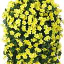 Artificial Faux Hanging Flowers Plants Baskets for Outdoor Outside, Fake Silk Yellow Orchid Trailing Vines in Planter Realistic UV Resistant for Balcony Porch Decor