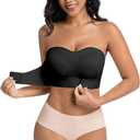 Womens Front Closure Strapless Non-Slip Padded Bandeau Bra Tube Top Invisible Wireless Bralette (Black, M)