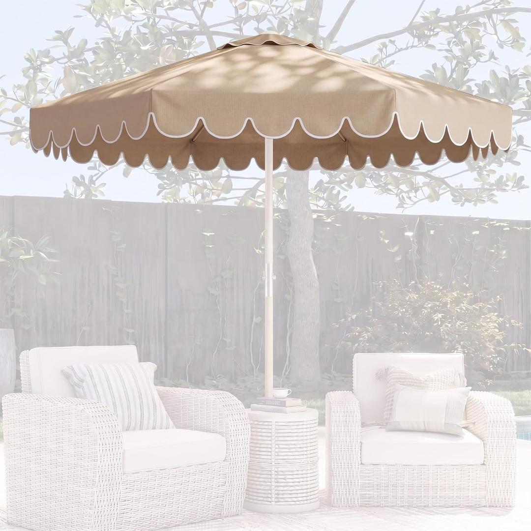 9 FT Scalloped Patio Umbrella Replacement Canopy Outdoor Boho Midcentury 8 Ribs Market Umbrella Top Cover UV Protection for Patio Beach, Canopy Only (Khaki, White)