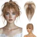 Hairro Clip In Bangs For Women Remy Short Hair Topper Hairpieces 3D Cover Fake Highlight Thin Wispy Bangs Hair Clip 11 Inches 14g #4P27 Medium Brown Mix Dark Blonde