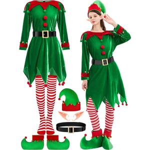 6 Pack Elf Costume for Women Christmas Outfit Velvet Dress Santa's Helper Costume Belt Socks Elf Hat Shoes Cosplay (Medium, Red Collar)