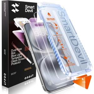 SMARTDEVIL 2 Pack for iPhone 16 Screen Protector, Anti-Blue Light, Eye Protection & Reduce Eye Strain, 9H Tempered Glass with Auto Dust-Elimination, Bubble Free, Easy Install,Bubble-Free,Case Friendly