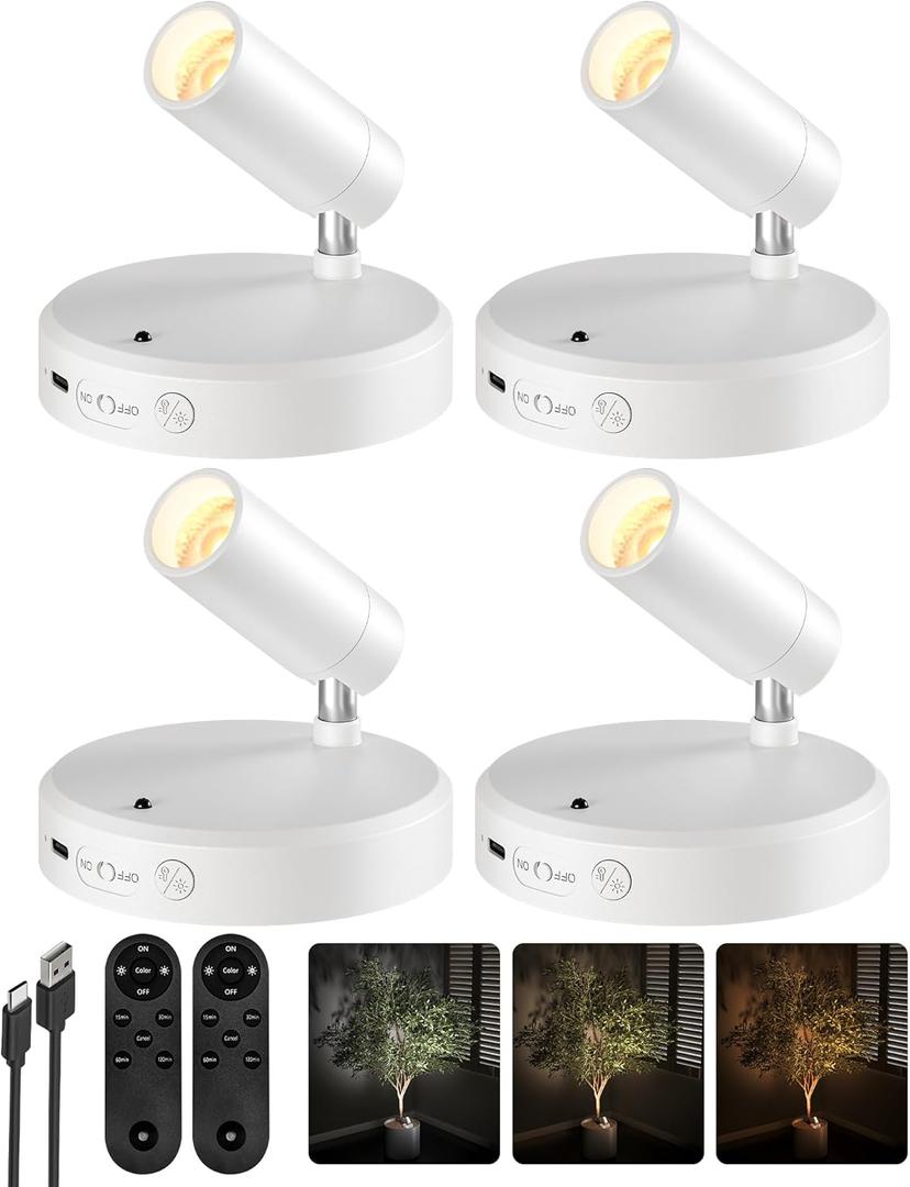 EZVALO Spot Lights Indoor, 5500mAh Rechargeable Plants Spotlights with Remote, Wireless Mini Art Accent with TimerDimmable, 3CCT, Uplights Indoor for Plants, Display, Artwork (4Pack-White)