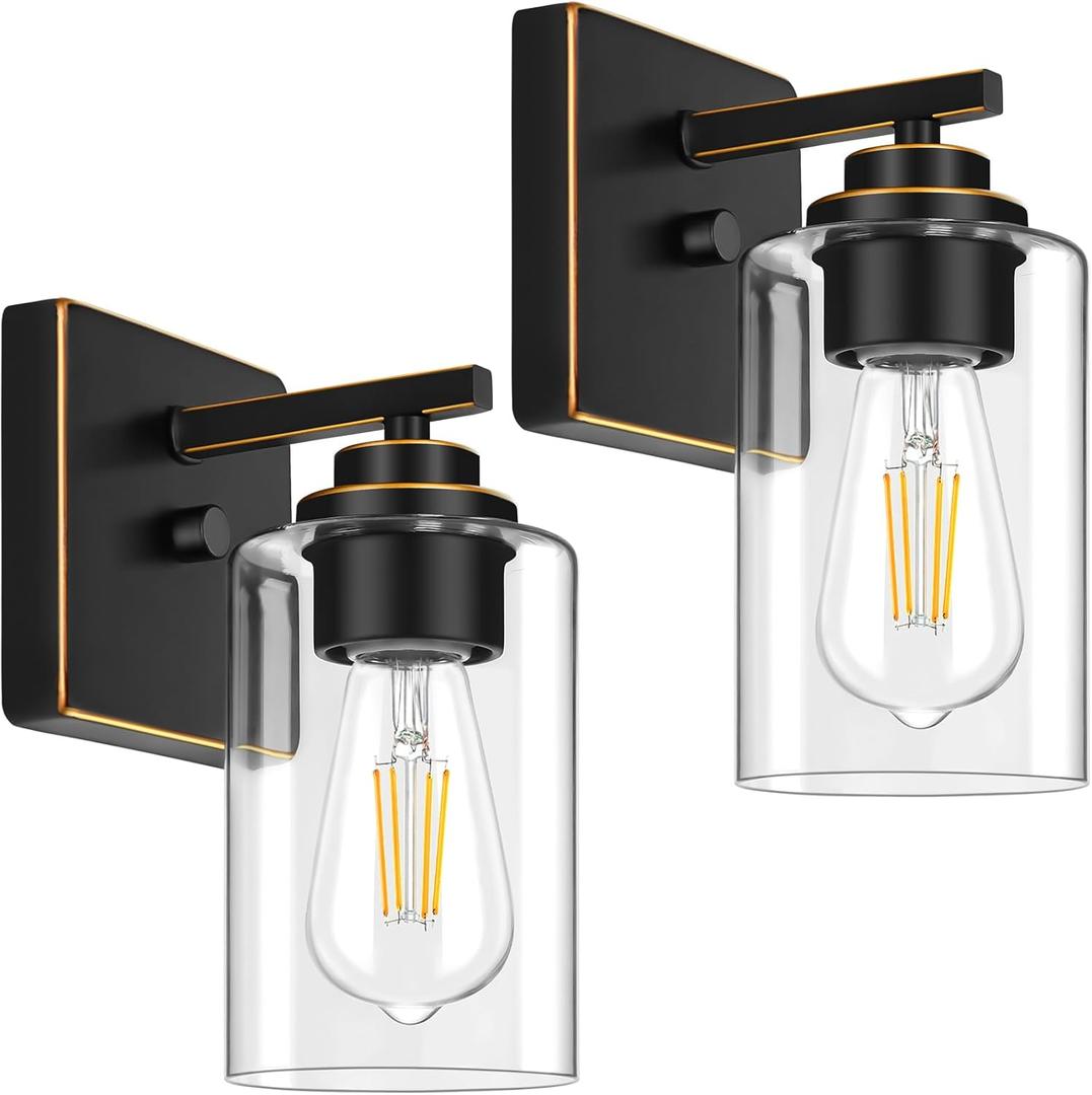 Set of 2 Wall Sconces for Bathroom, Modern Vanity Light Fixtures, Bronze Wall Mount Lighting Lanterns, Farmhouse Wall Lights with Clear Glass Shade for Bedroom Living Room Mirror Hallway Kitchen (Black Brushed Gold)