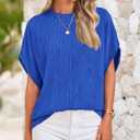 PRETTYGARDEN Women's Tops 2025 Summer Casual Crewneck Short Sleeve Textured Shirts Going Out Work Blouse Basic Tunic Top (Blue, L)