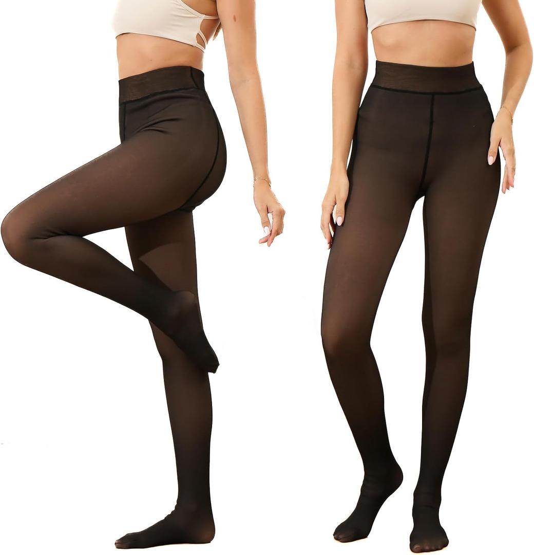 Fleece Lined Tights Women,Thermal Leggings Pantyhose Fake Translucent Thick Warm Sheer Tights for Winter (Black)