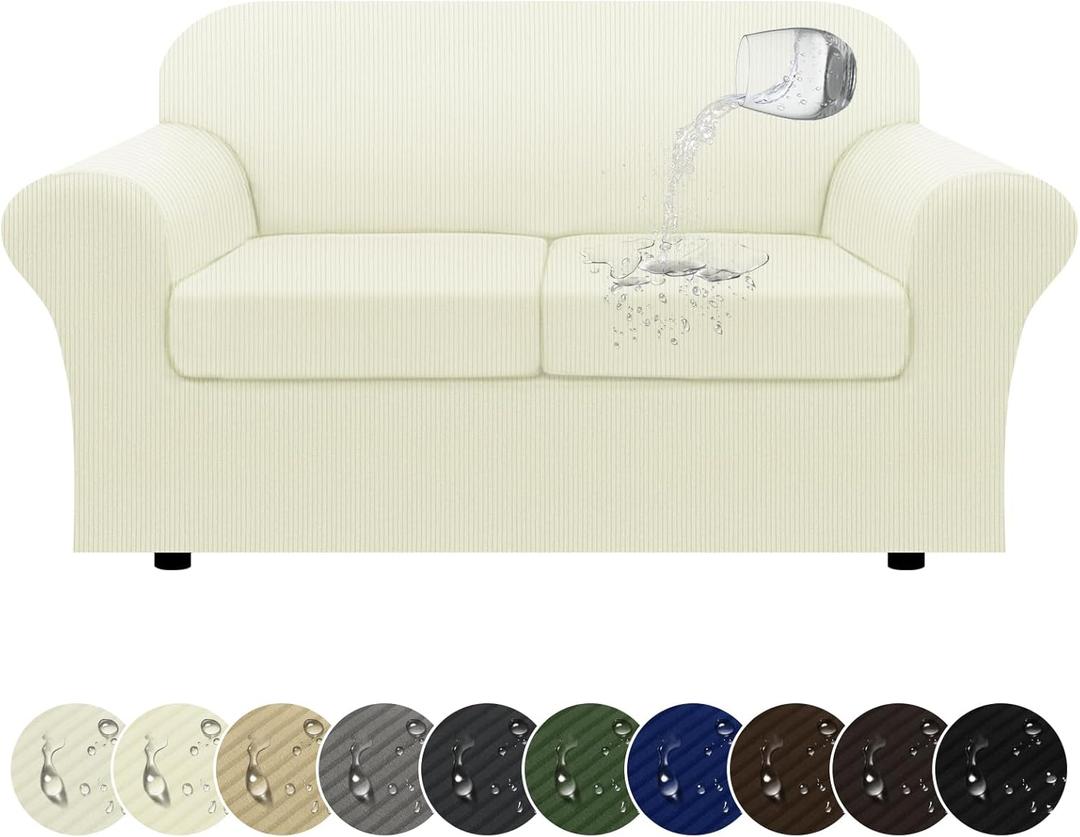 100% WaterproofLoveseat Cover 3-Piece Set Striped Loveseat Slipcovers for 2 Cushion Couch Sofa Covers with TPU Leakproof Bottom Stretch Couch Protector Pet Proof - Loveseat, Ivory