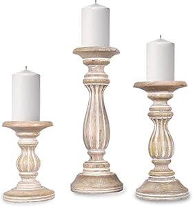 Mela Artisans Whitewashed Hand Carved Wooden Pillar Candle Holders  Set of 3 | Hana Decorative Style | Crafted from Mango Wood | Rustic Table Centerpiece Decor | Sized 6", 9" and 12"
