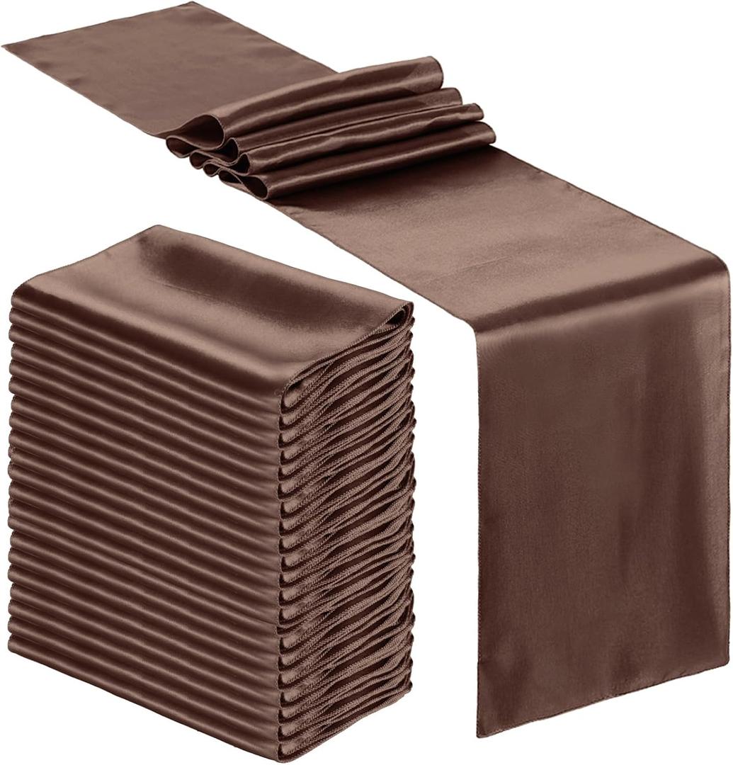 Bencailor 24 Pcs Brown Satin Table Runner Bulk 12 x 108 Inches Long Table Runners Bright Smooth Fabric Tablecloth for Wedding Banquet Birthday Spring Graduation Party Decorations