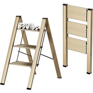 FlyGeneral 3 Step Ladder, Folding Ladder Stool, Gold, Wider Upgraded Non Slip Treads, Portable Lightweight Ladder for Home and Kitchen, Holds up to 330 Lbs.