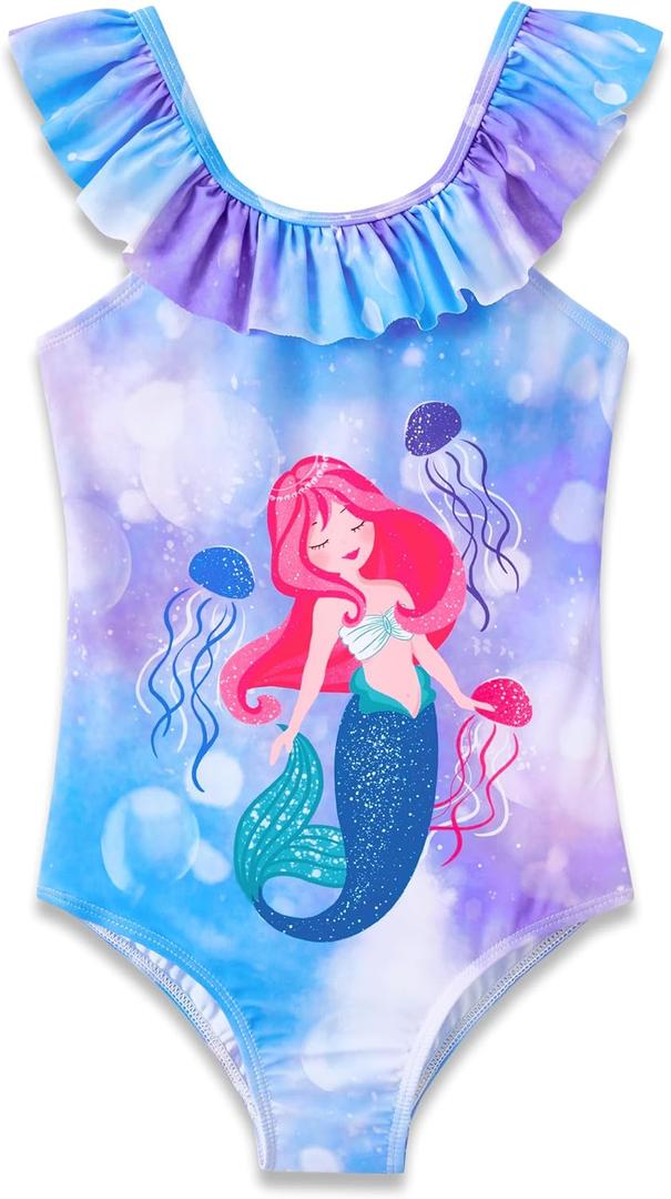 Dvenki Girls One Piece Swimsuit - Adjustable Strap, Checked Face & Mermaid Print Toddler Ruffle Bathing Suit Size 2T-10