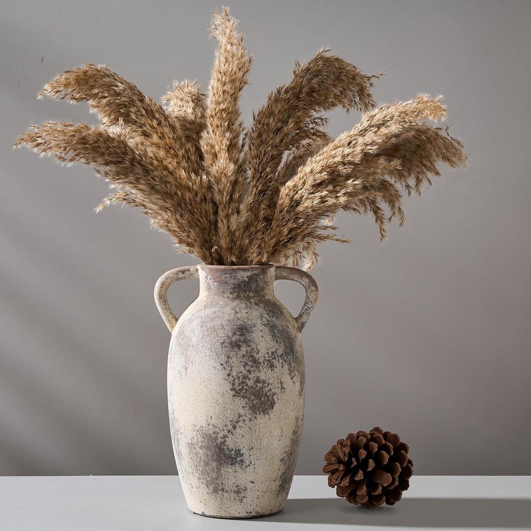9.84 Inch Ceramic Vase with Handles, Tuscan Decor Antique Terracotta Vase, Rustic Decorative Flower Vase for Home Decor, Farmhouse, Living Room, Table, Bedroom, Office, Entrance- Gray