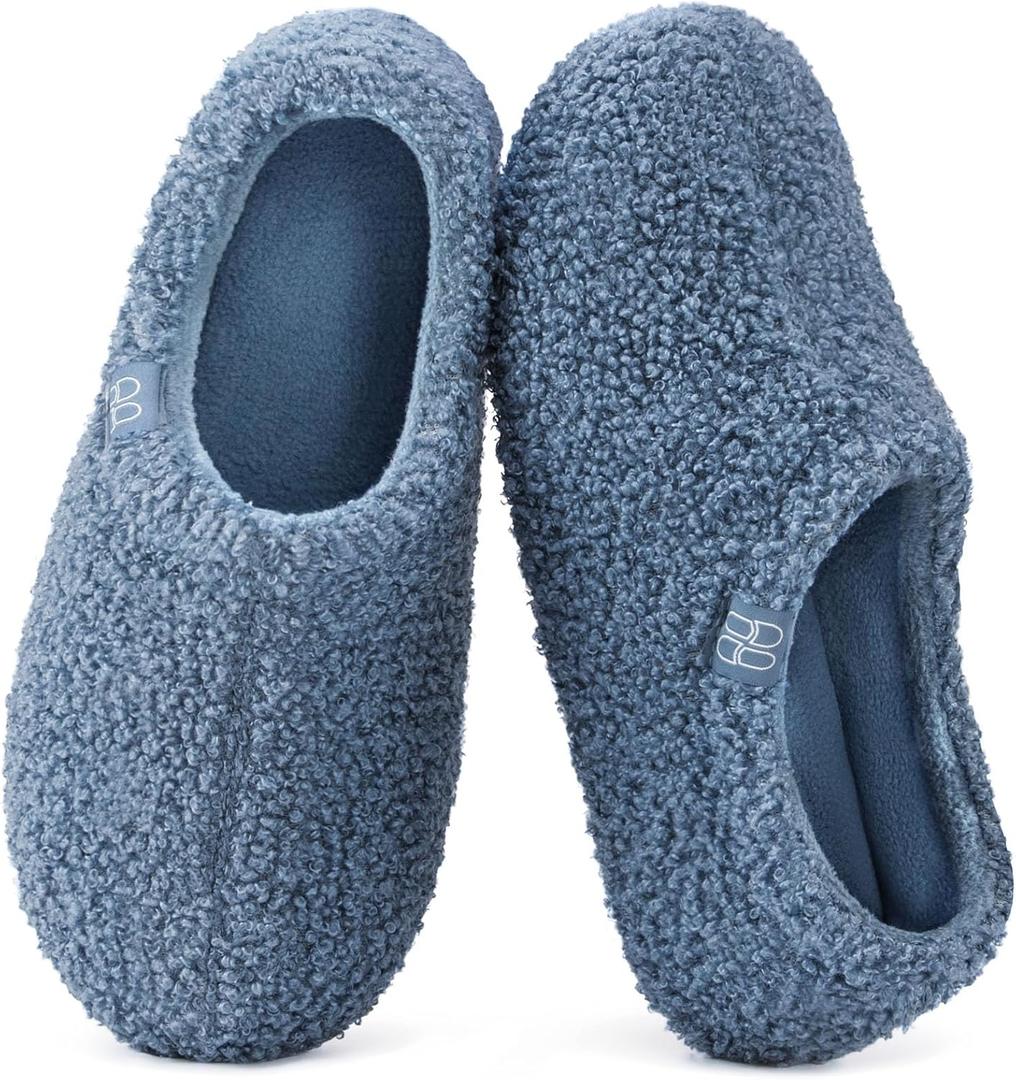 HomeTop Women's Fuzzy Curly Fur Memory Foam Loafer Slippers with Polar Fleece Lining (9-10, Cerulean)