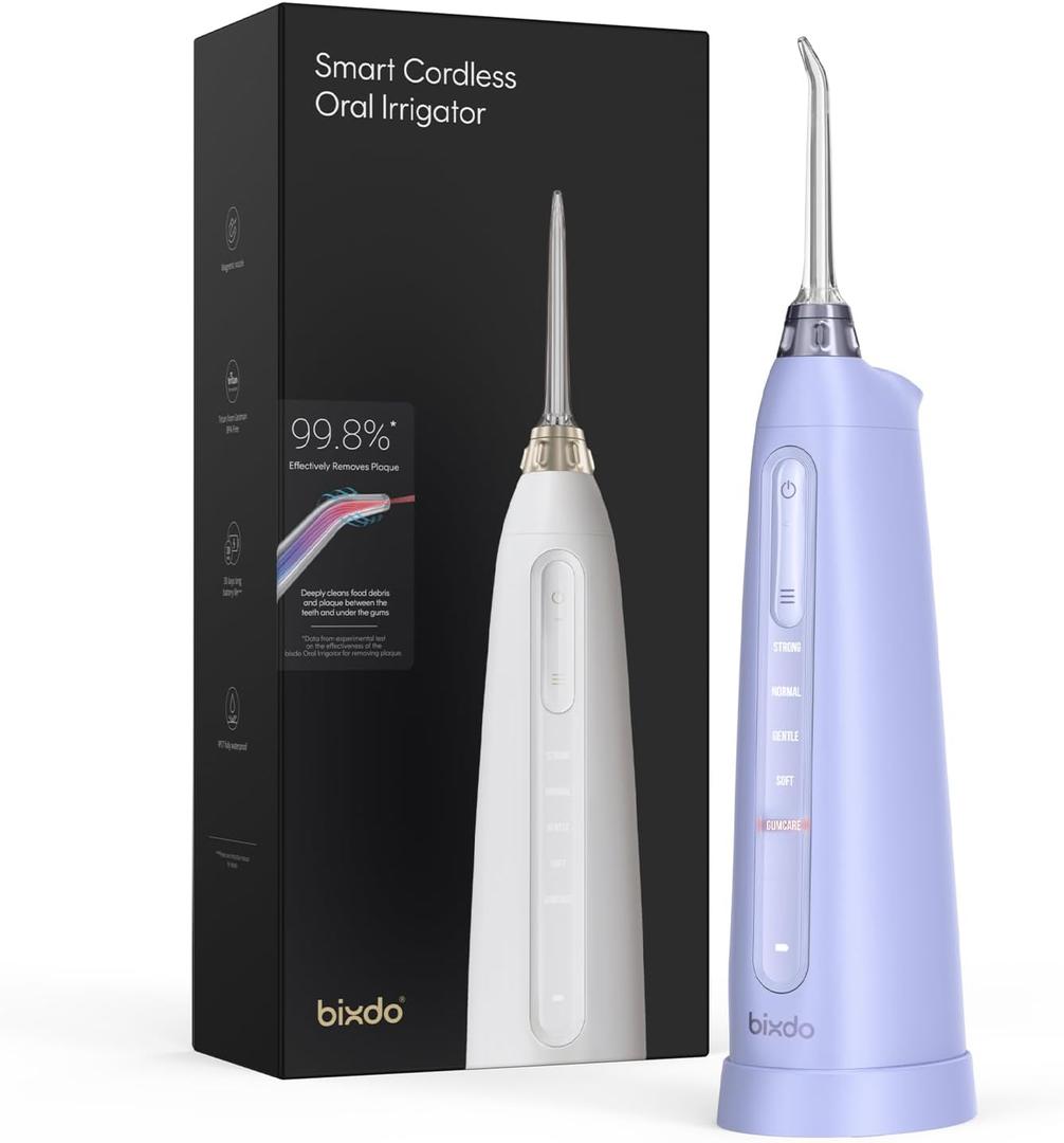 Cordless Water Dental Flosser for Teeth - 5 Modes with GUMCARE, Portable Travel Flosser for Teeth Cleaning Flossing and Gum Massage, 60 Days Long Battery Life and 360 Magnetic Nozzle, Purple