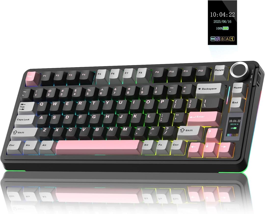 AULA S75 PRO Wireless Mechanical Keyboard with Screen&Knob, 75% Hot Swappable Gaming Keyboard with Pre-lubed Switches, RGB Backlit, PBT Keycaps Creamy Sounding Pc Gaming Keyboards (Black&Gray&Pink)