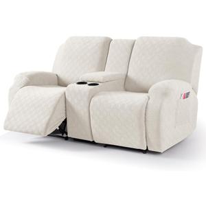 VANSOFY Recliner Loveseat Cover with Middle Console Stretch Reclining Sofa Slipcover for 2 Seat Jacquard Reclining Couch Sofa Covers Furniture Protector with Elastic Straps Bottom (Off White)