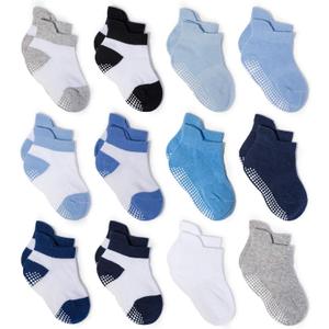 Zaples Baby Non Slip Grip Ankle Socks with Non Skid Soles for Infants Toddlers Kids Boys Girls (1-3T, Color-blocked/Solid - 12 Pairs)
