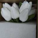 DILATATA Artificial White Tulips in Vase with Faux Water 6" Real Touch Flowers Fake Tulips Small Flowers Arrangement in Round Glass Vase for Mother's Day Table Centerpiece Wedding Home Decor